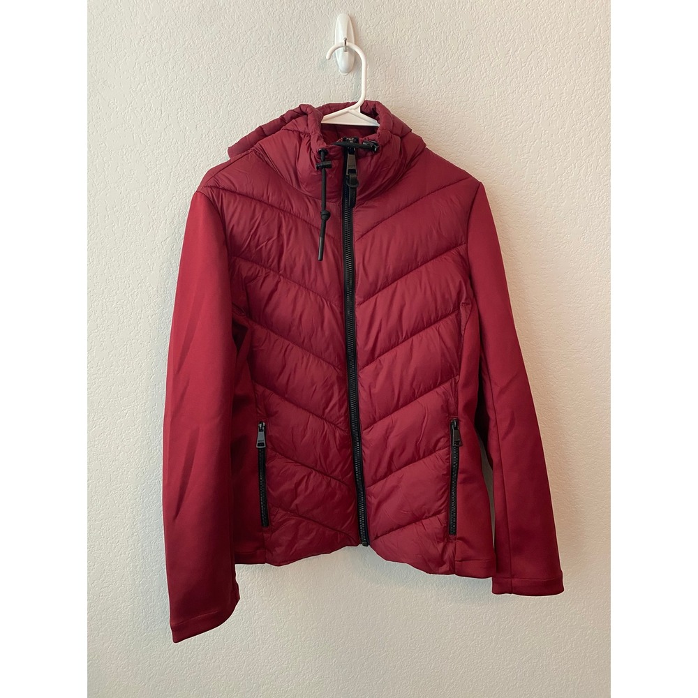DKNY Womens Mixed Media Chevron Quilted Puffer Jacket Size M Burgundy Red Hooded